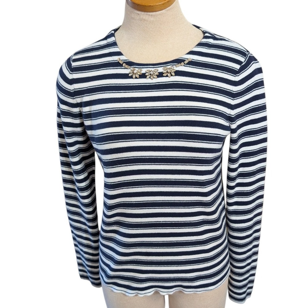 The Limited Navy White Striped Knit Top Rhinestone Floral Neckline Small